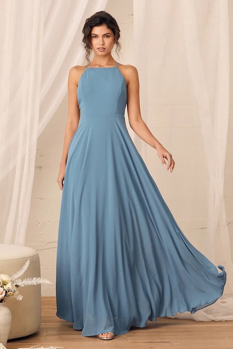 Lulus Heavenly Hues Maxi Dress XS Blue Halter Backless Chiffon Bridesmaid Gown